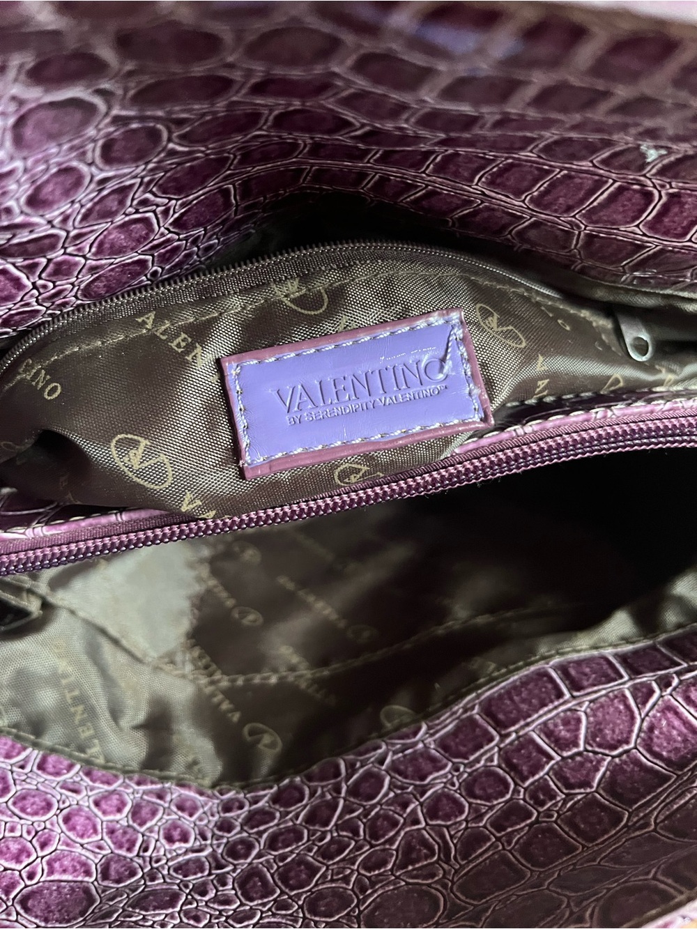 Valentino Glossy Purple Croc-Embossed Satchel - Picture 6 of 6